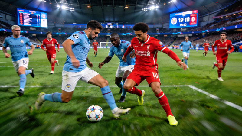 英超联赛曼城对阵利物浦的高清实时直播画面，场上球员正在激烈拼抢